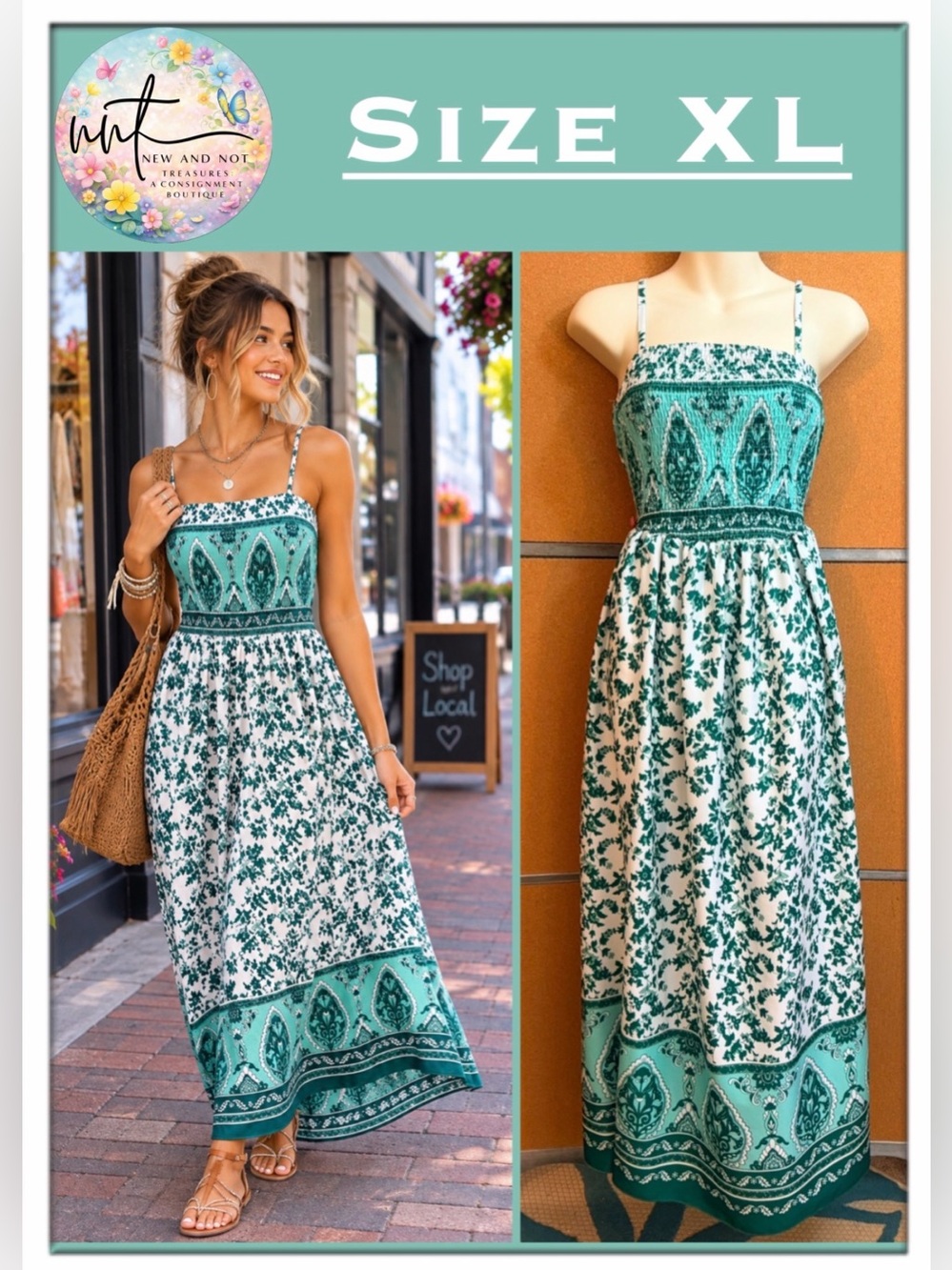Unbranded Green Floral Paisley Smocked Maxi Dress XL Runs Small MEASUREMENTS